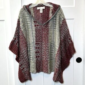VINTAGE HAVANA Hooded Boho Poncho Sweater - Red/Gray/Cream ~ Women's SMALL